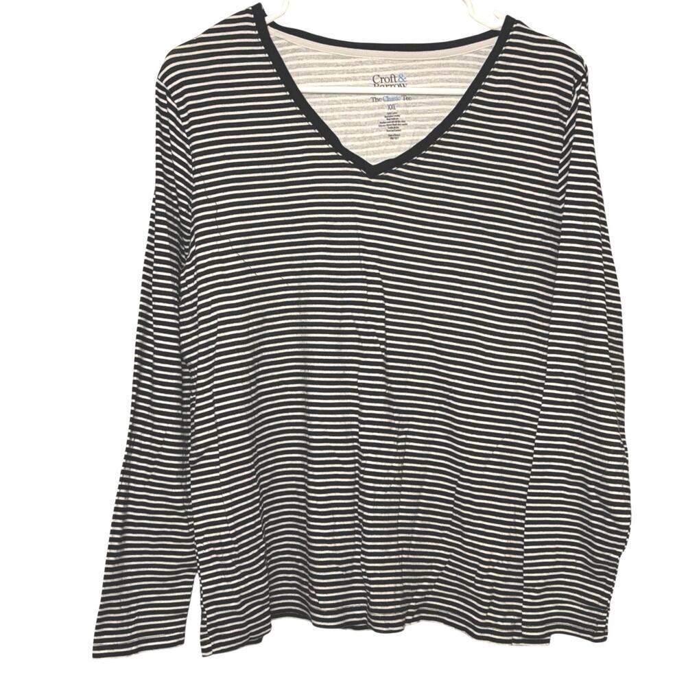 Croft & Barrow Black White Striped V Neck Top Long Sleeve Womens XXL
